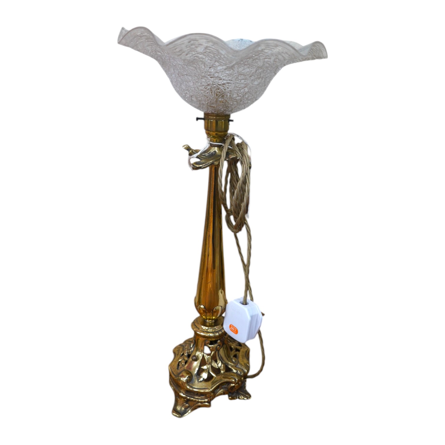 An English brass table lamp with fluted glass shade, circa 1930's, wired, 46cm high. Condition - fair to good, not tested